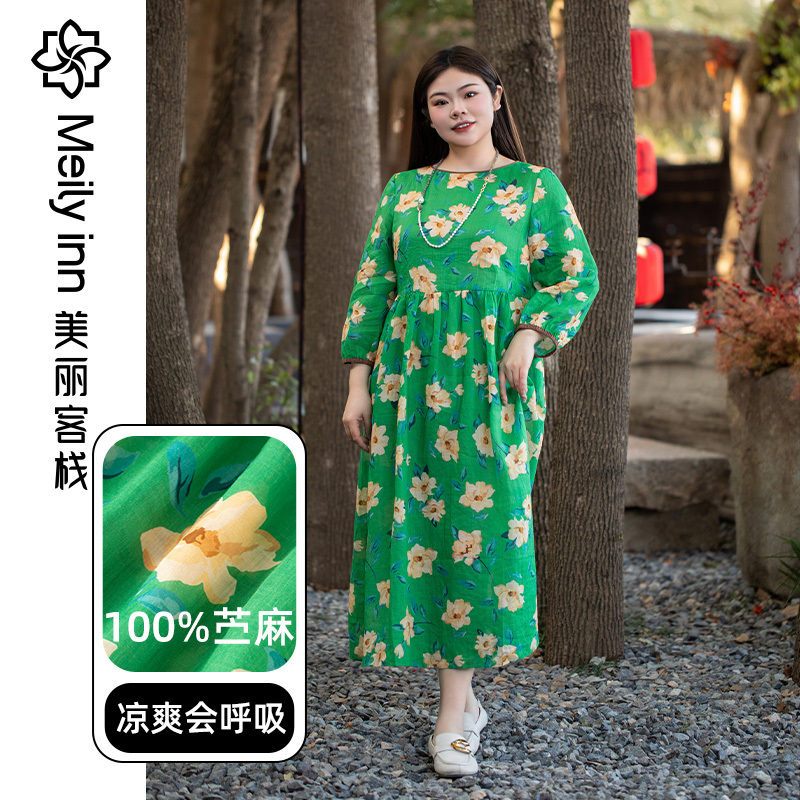 美麗客棧薄款寬松100%苧麻連衣裙