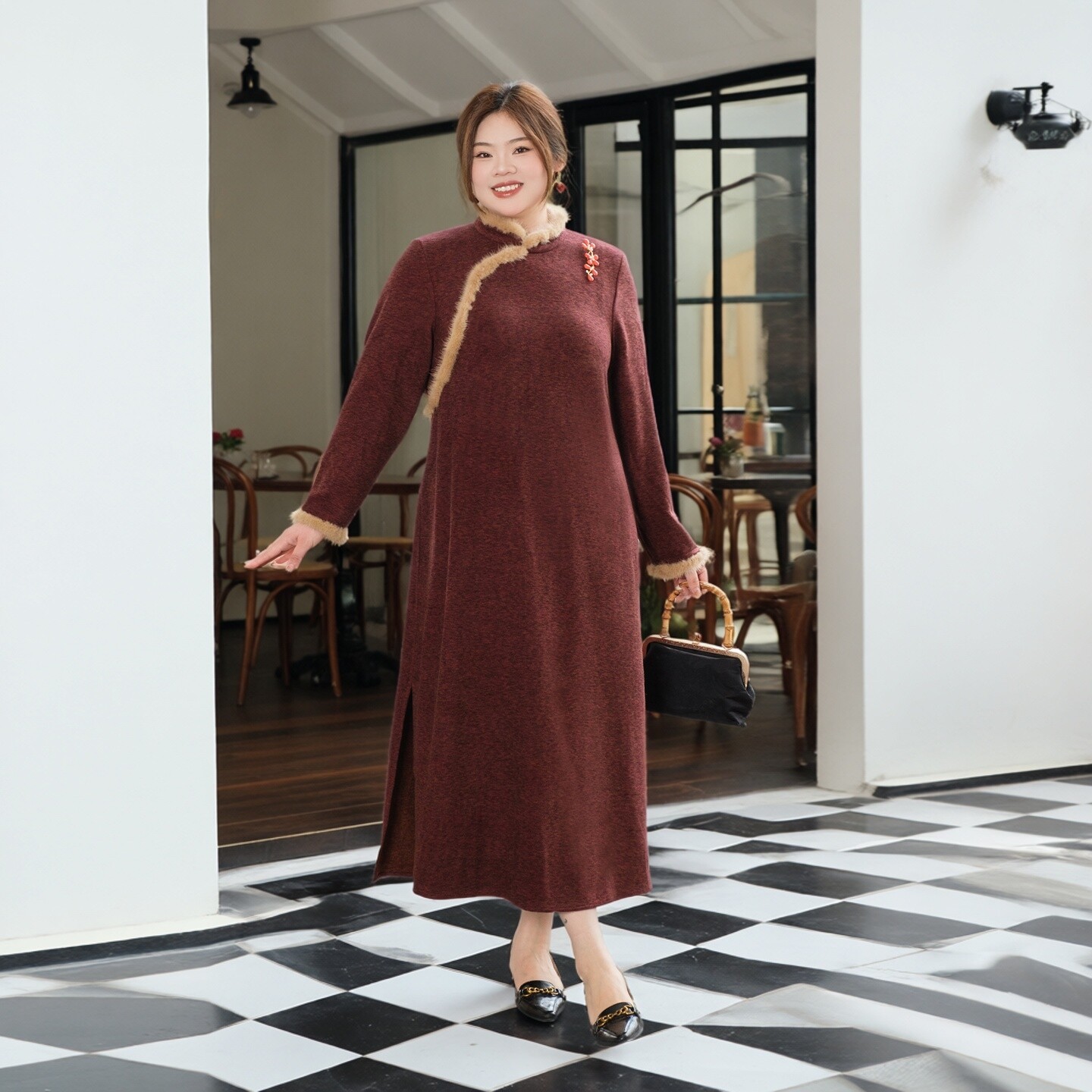 【民国红蕊】美丽客栈秋冬新款新中式旗袍女大码女装连衣裙中长款