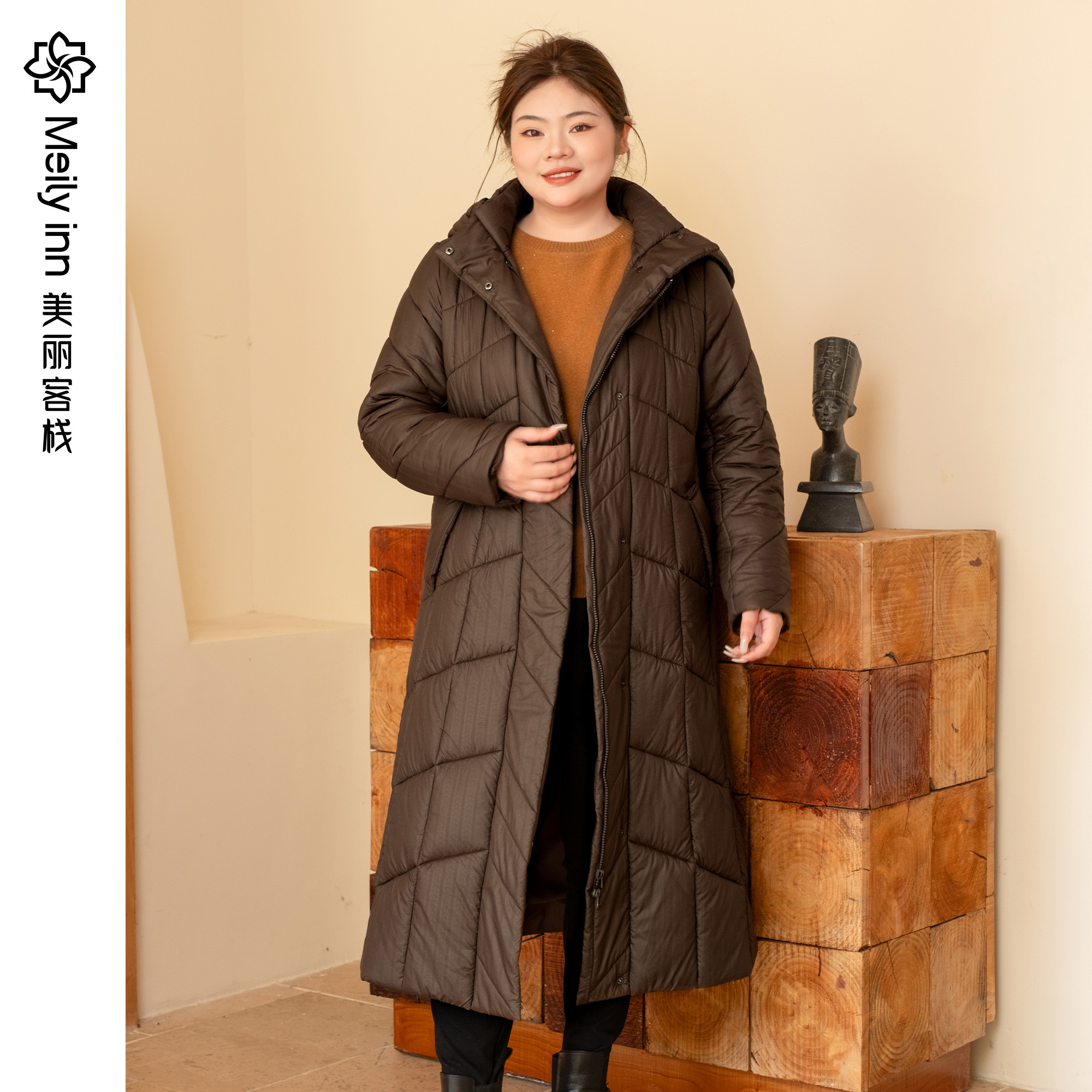 美麗客棧駱駝絨寬松連帽棉服長款