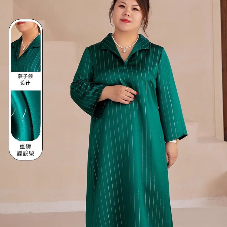 美丽客栈2026秋冬新款大码女装胖mm遮肚藏肉胖妹妹绿色条纹连衣裙