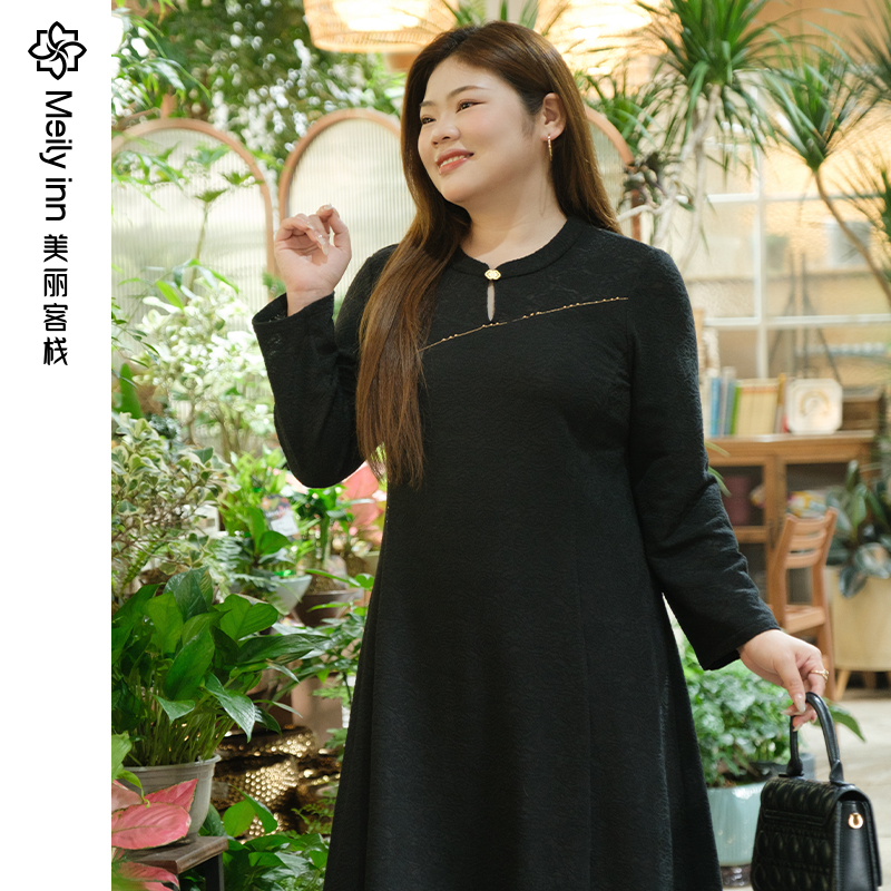 美丽客栈国风提花收腰大码连衣裙