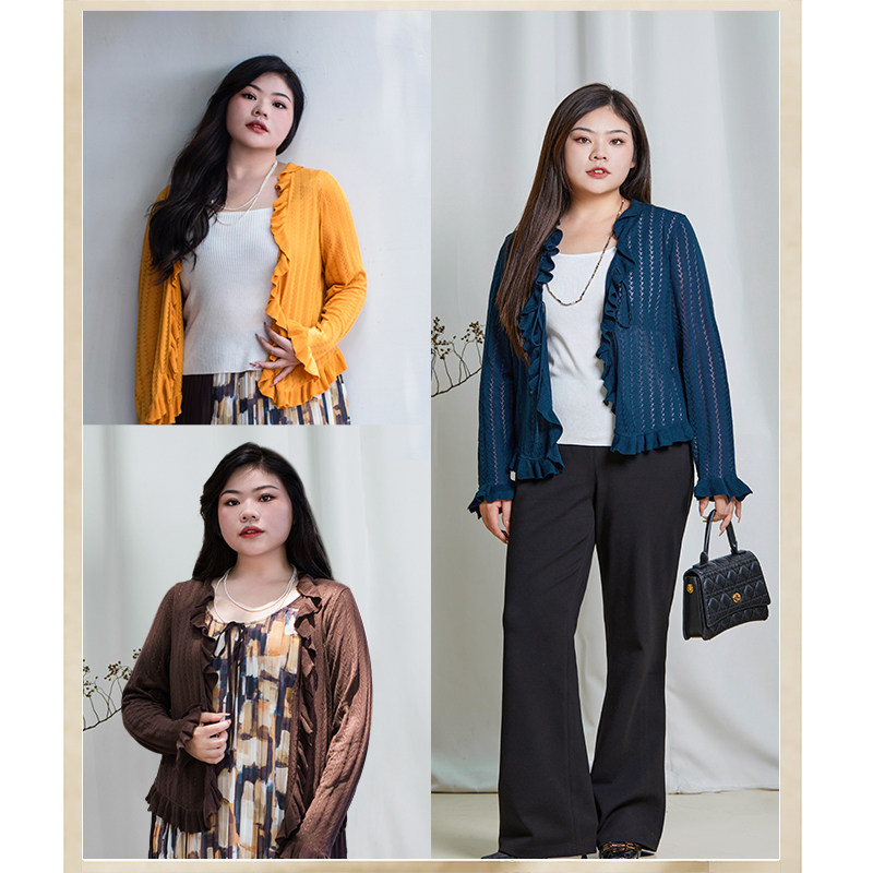 美丽客栈半岛恋人外套女大码胖mm秋款木耳边优雅复古三色针织开衫