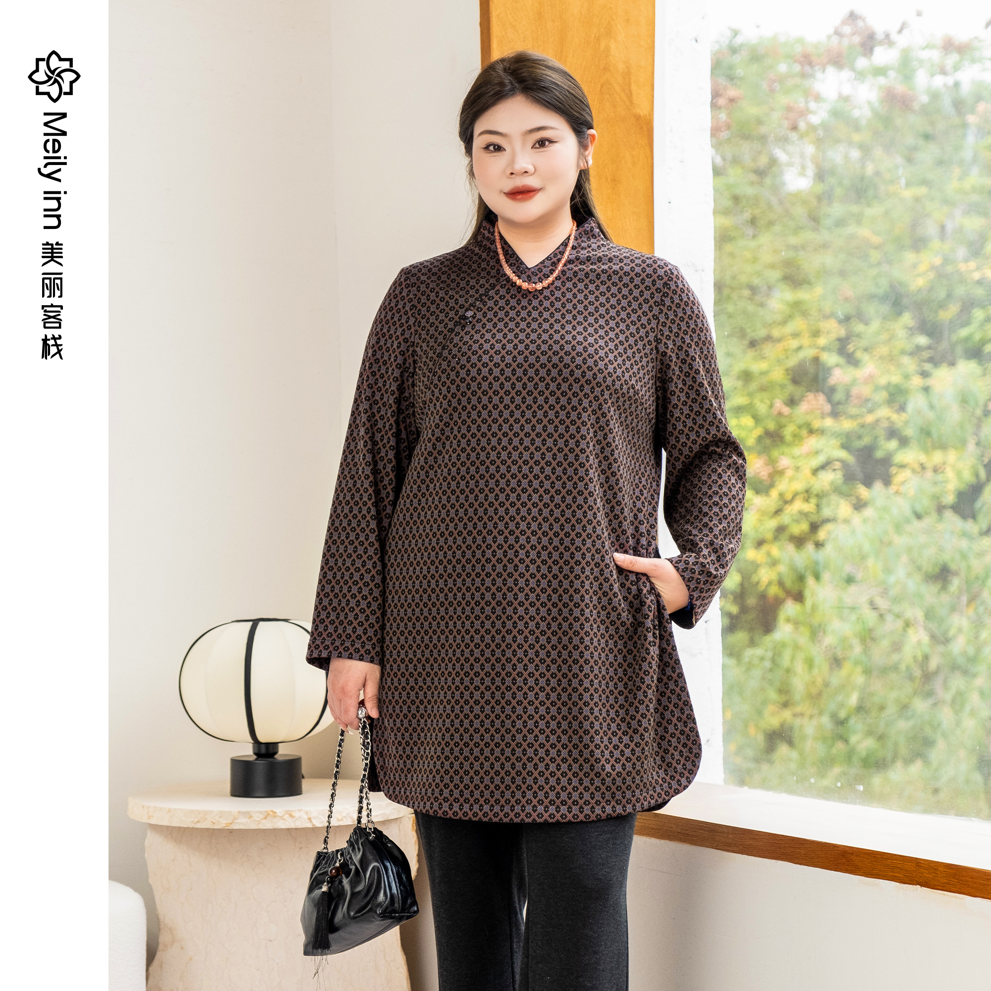 美丽客栈国风套头针织旗袍上衣女