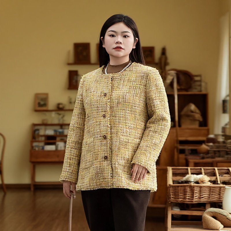 美丽客栈高端大码小香风羊毛粗花呢大衣女胖mm精致气质显瘦呢外套
