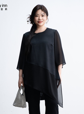 美丽客栈原创高端大码女装胖mm200斤加肥加大黑色圆领醋酸衬衫夏