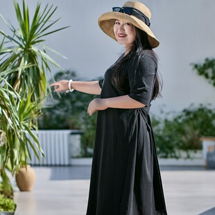 200斤胖mm高端大码 精梳棉针织连衣裙遮肉显瘦百搭a字裙夏 精品女装