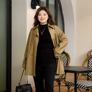 美丽客栈高端大码短款风衣女春秋新款胖mm200斤高级轻奢飒气外套