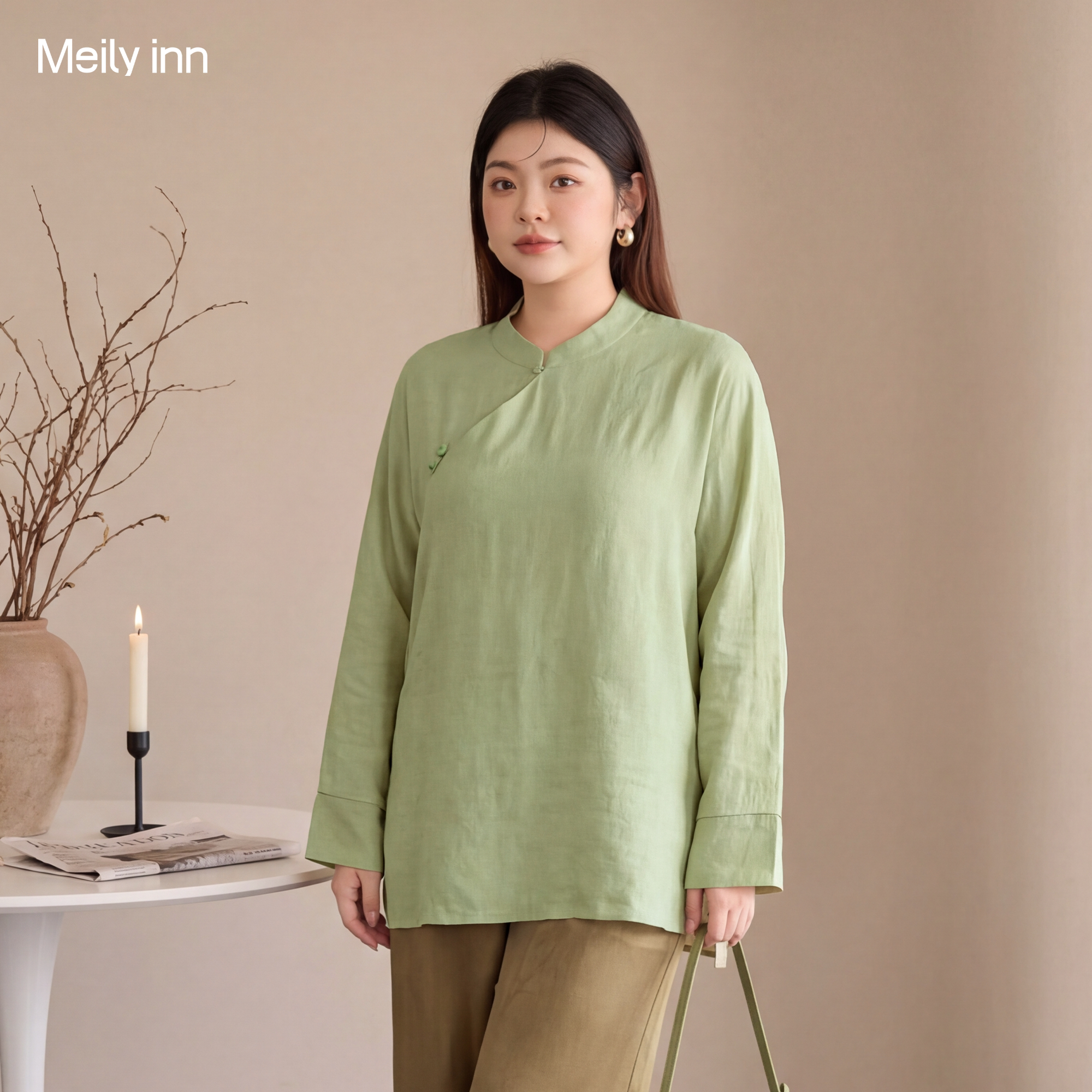 美丽客栈高端大码女装胖mm新中式国风长袖衬衫立领斜襟套头上衣女