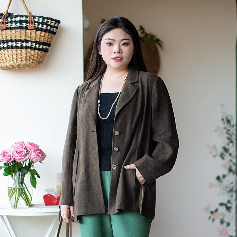 【亚麻会调温】美丽客栈晨露大码女胖mm显瘦气质高级休闲西装外套