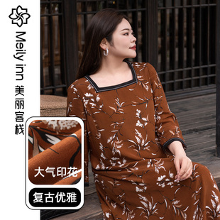 复古新中式 女胖mm春季 国风 方领中长裙 美丽客栈橘淮连衣裙大码