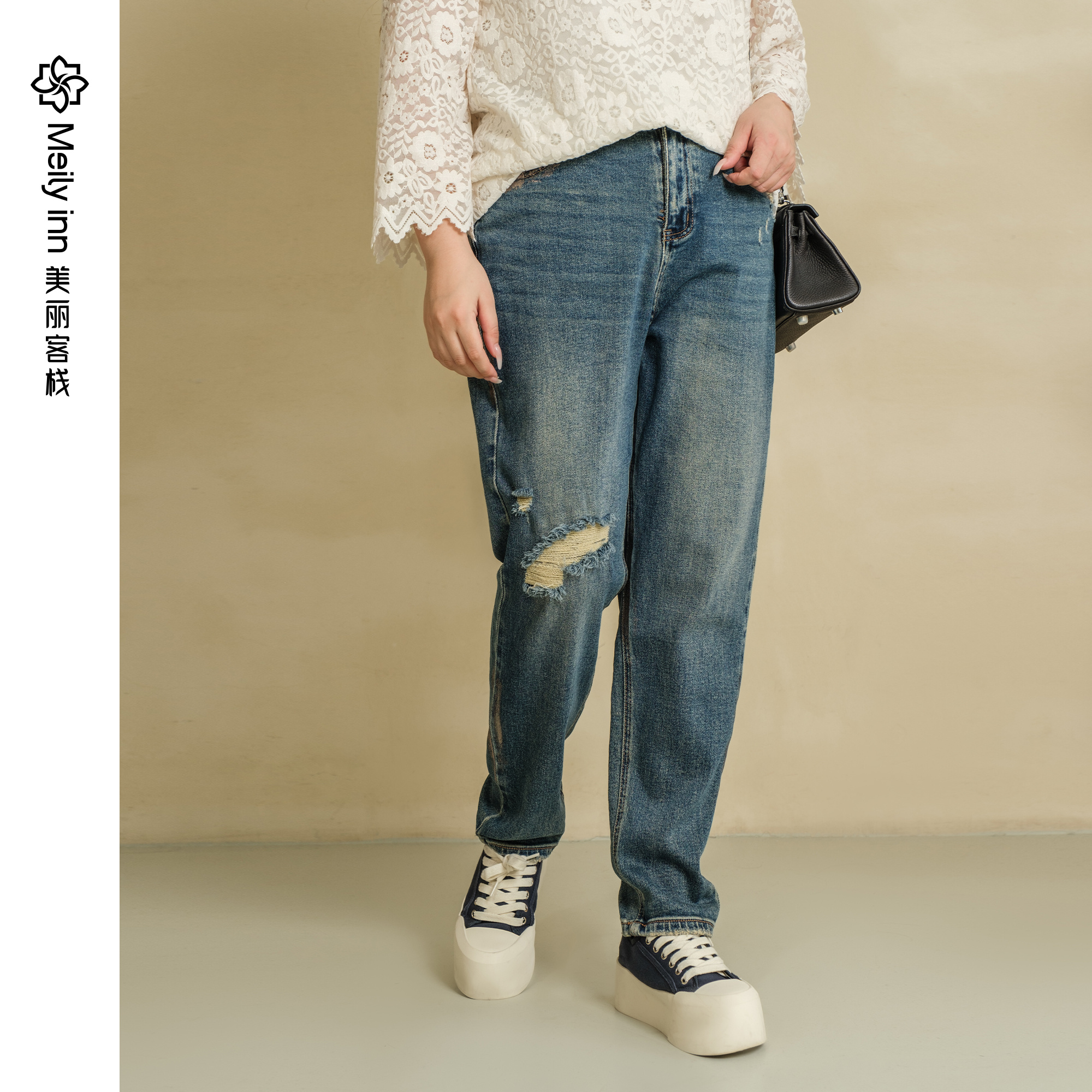 美丽客栈做旧烫金宽松牛仔裤春秋