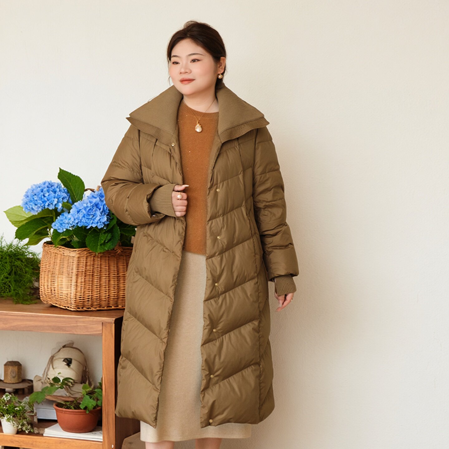 【焦糖咖啡】美丽客栈中长款鹅绒羽绒服大码女装连帽款秋冬外套女