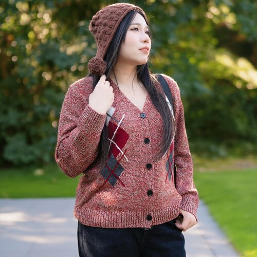 【100%绵羊毛针织衫美丽客栈大码女装V领气质款菱格减龄针织衫