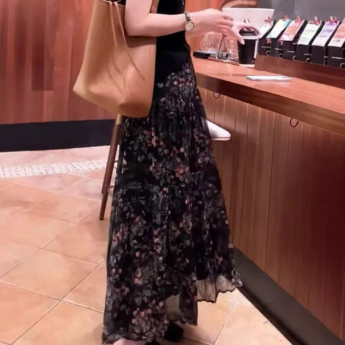 设计感小众玫瑰碎花雪纺半身裙女2025年夏季新款松紧腰显瘦a字裙