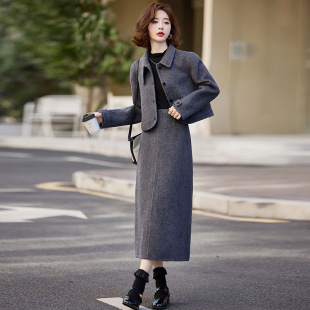 时尚休闲套装秋冬新款女装韩版双面羊毛呢外套半身裙两件套裙ZQ37