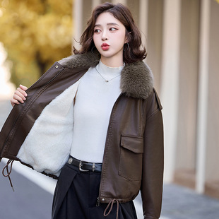 大毛领加绒加厚休闲夹克PU皮衣外套女 新款 ZH1139 皮衣秋冬季 女式