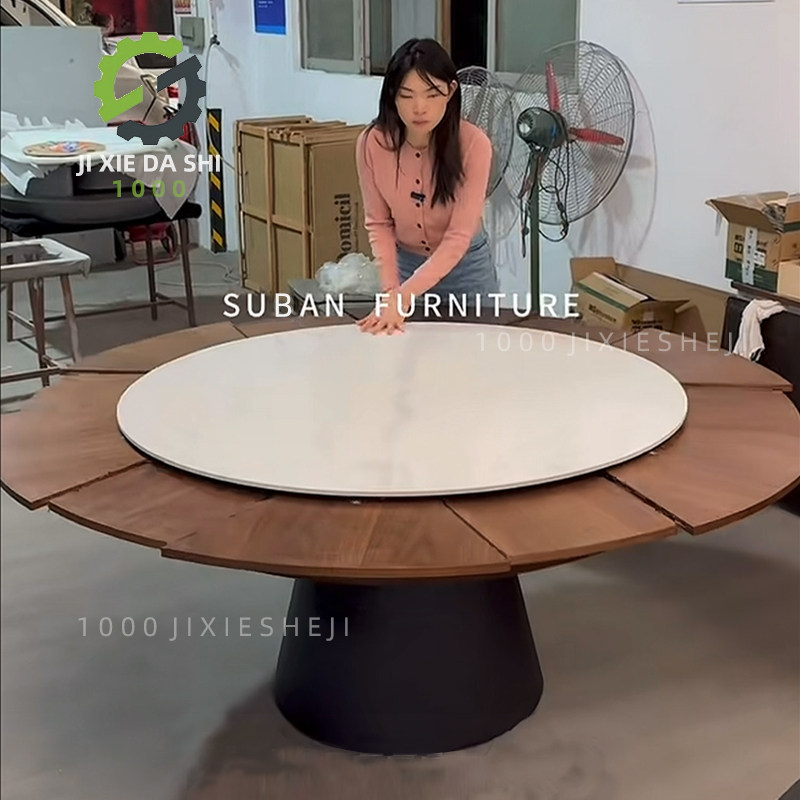 佛山弗莱彻餐桌可变圆桌大理石奢石转盘旋转伸缩放大圆桌10人12人