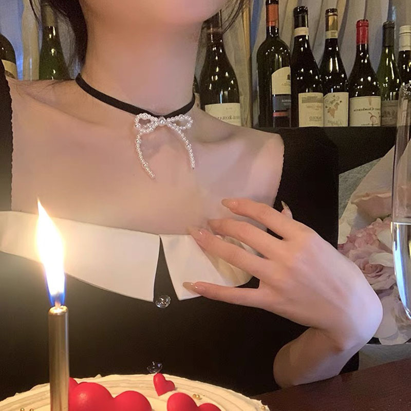 韩国东大门helder同款复古贝珠珍珠蝴蝶结丝绒颈链锁骨短项链