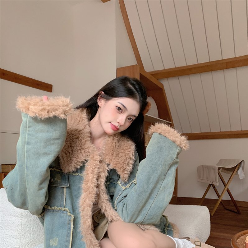 实拍实价 蓝色牛仔加绒外套冬季棉衣/棉服