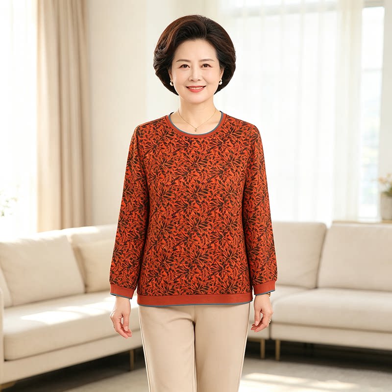 长袖秋装印花T恤女中老年妈妈装圆领柔软透气宽松洋气女式上衣图片