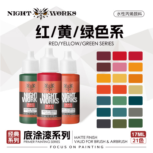 NightWorks NDL 经典系列底涂型 红色/黄色/绿色水性丙烯17ml消光 - 封面