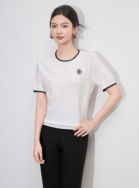 2509407-撞色圆领山茶花上衣16针四平密织超细冰丝纱针织衫