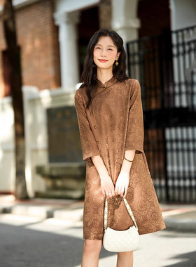 76001非遗四合如意锦缎真丝羊毛连衣裙提花暗纹国风复古七分袖裙