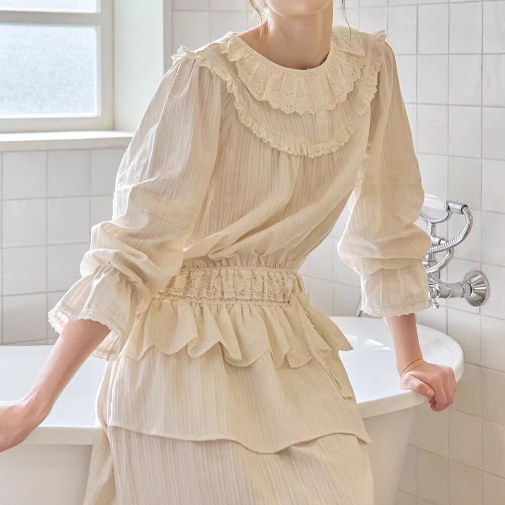 正品新款lunaluz蕾丝花边圆领女纯棉甜美睡裙睡衣套装长袖秋