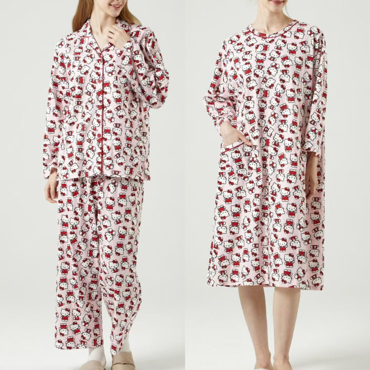 韩国迪士尼凯蒂猫纯棉弹力衬衫领睡衣家居服套装睡裙长袖女秋