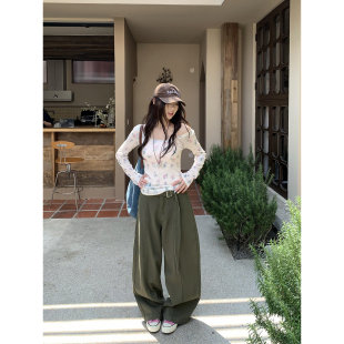 显瘦直筒阔腿弯刀裤 荒荒家 新款 2026夏季 女 本布腰带军绿色休闲裤