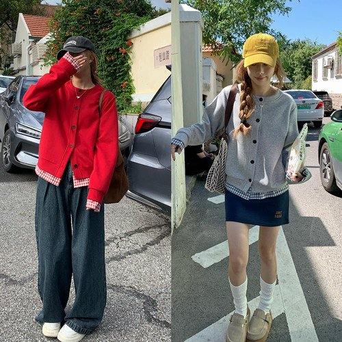 荒荒家假两件格子拼接卫衣外套