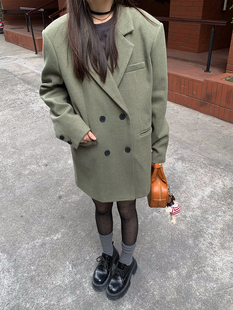 休闲夹棉保暖长袖 荒荒家 新款 2025冬季 西服外套女 双排扣绿色西装