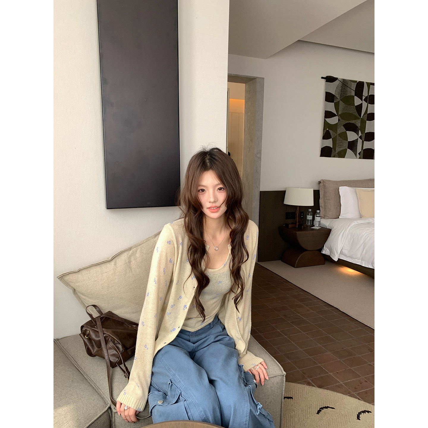 荒荒家韩女碎花针织毛衣两件套图片