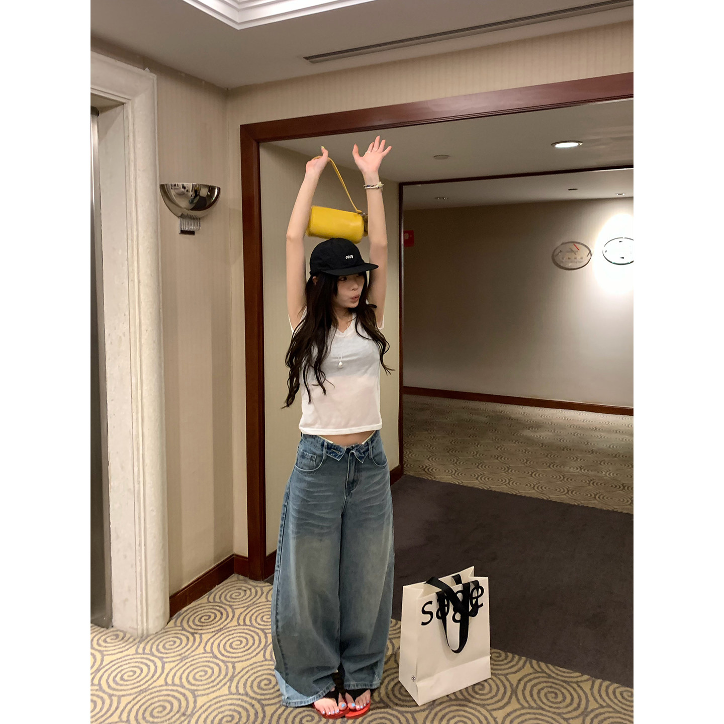 荒荒家 水洗复古蓝翻腰牛仔裤2026夏季新款宽松显瘦做旧阔腿裤女