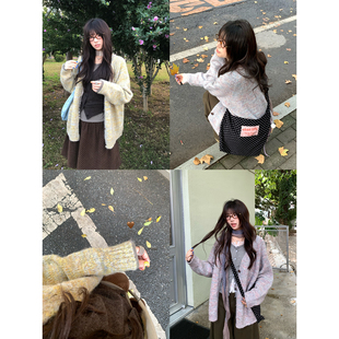 软糯慵懒松弛感V领针织开衫 新款 女 杂色毛衣外套2026春季 荒荒家