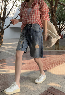 高腰毛边破洞直筒休闲裤 荒荒家 新款 2025夏季 女 小众腰绳牛仔短裤