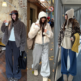 宽松运动加厚阔腿束脚休闲裤 新款 女 2025冬季 荒荒家抽绳加绒卫衣裤