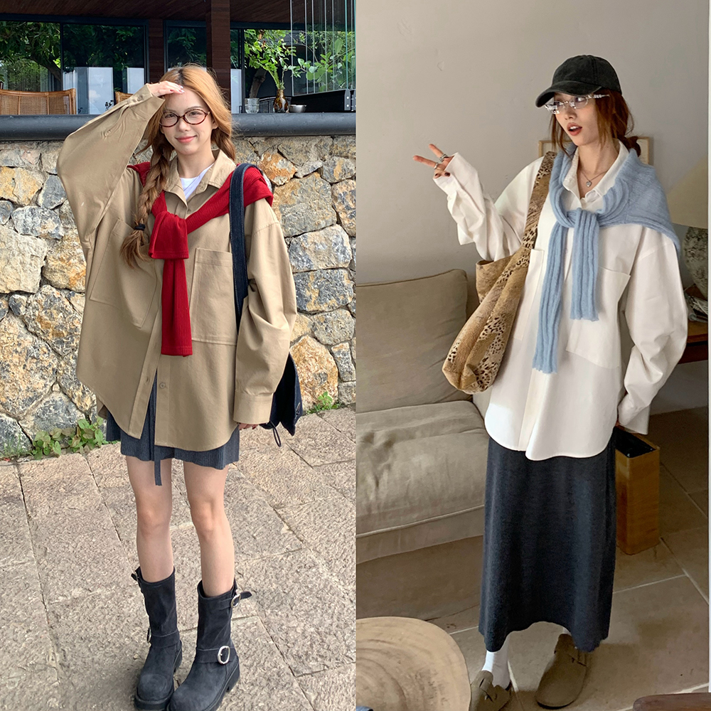 荒荒家 背后贴标衬衫2025春秋新款纯色学院风宽松休闲衬衣外套女