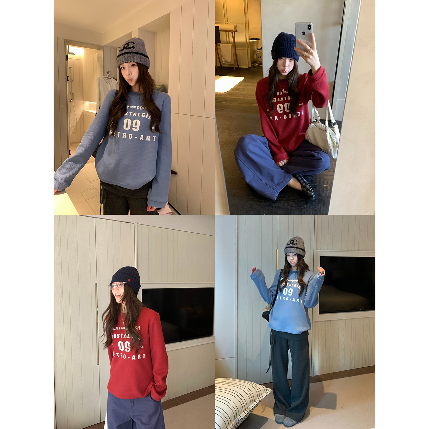 荒荒家 华夫格数字卫衣T2026秋季新款美式复古运动休闲套头上衣女