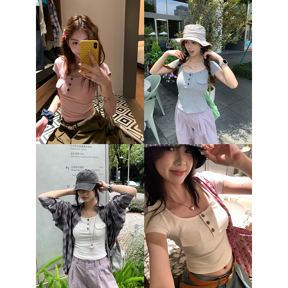 荒荒家 口袋金属扣短袖2025夏季新款韩版修身纯欲U型polo领T恤女