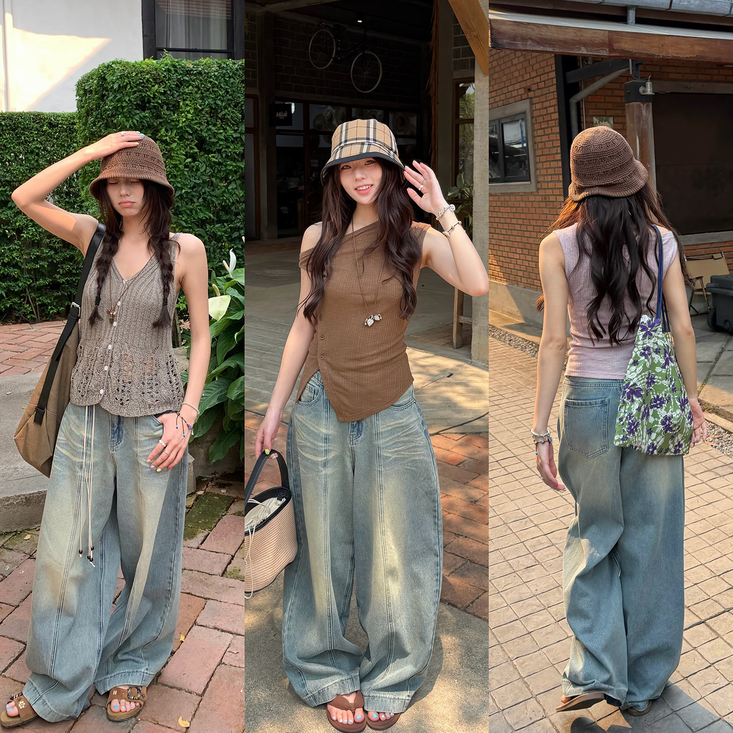 荒荒家 做旧牛仔弯刀裤2026夏季新款复古蓝色直筒阔腿休闲长裤女