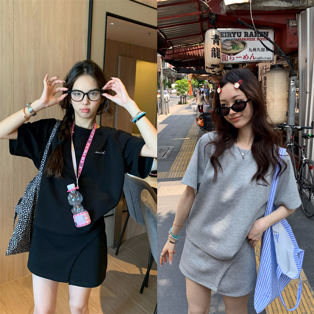 荒荒家 纯色短袖裙裤空气套装2025夏季新款休闲学院运动两件套女