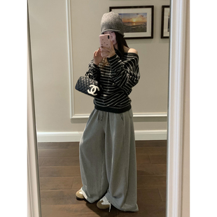 灰色百搭直筒阔腿拖地休闲裤 新款 女 2025秋季 荒荒家抽绳卫衣休闲裤