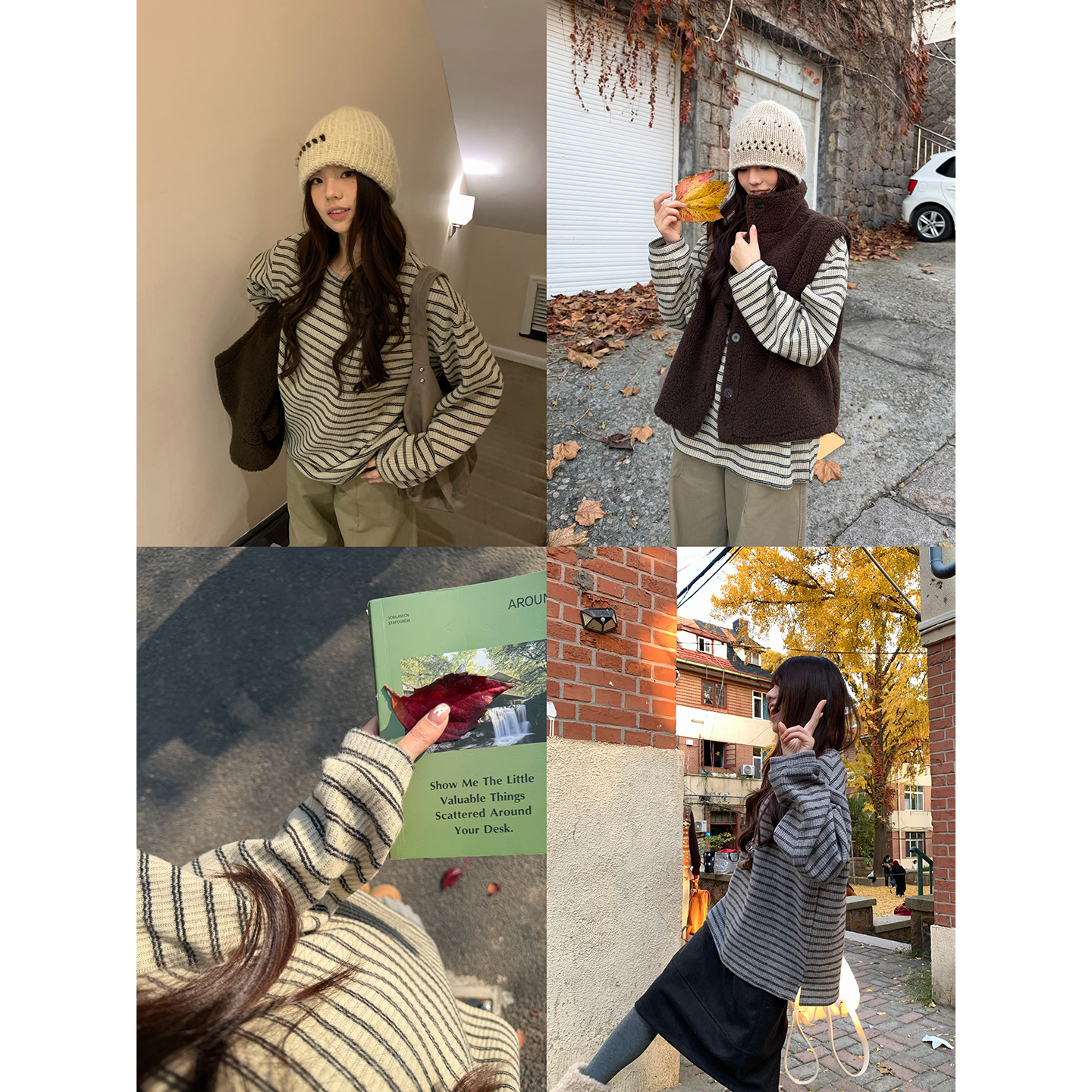 荒荒家 宽松条纹长袖T2025冬季新款经典设计内搭外穿套头上衣女