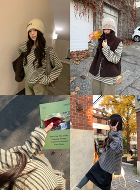 荒荒家 宽松条纹长袖T2025冬季新款经典设计内搭外穿套头上衣女