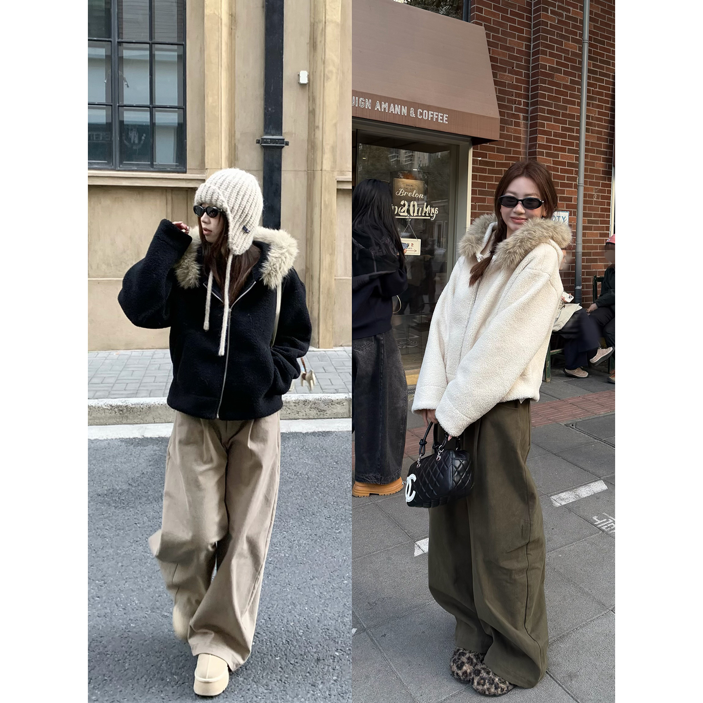 荒荒家小颗粒毛绒茸外套2025冬季新款宽松休闲时尚连帽毛呢大衣女