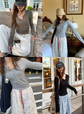 荒荒家 扣子长袖T恤2025秋季新款修身设计小众polo领套头上衣女