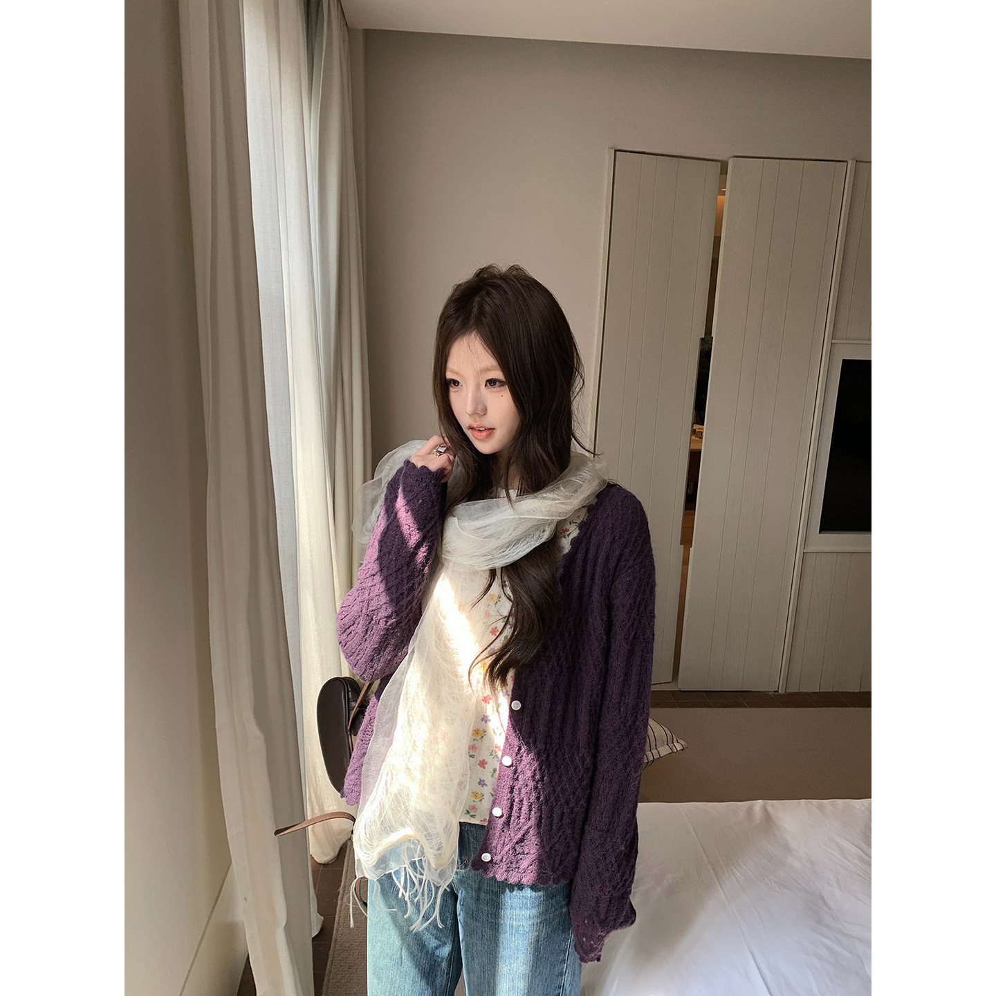 荒荒家波浪花边麻花毛衣外套2026秋季新款韩系慵懒温柔软糯针织衫