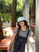 荒荒家 圆领撞色弹力针织T恤女 新款 花边灰蓝条纹刺绣短袖 2025夏季