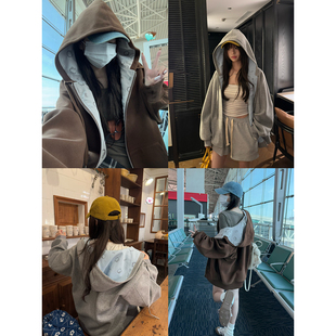 上衣女 小众宽松抽绳开衫 荒荒家印花连帽卫衣外套2026春秋新款 韩版